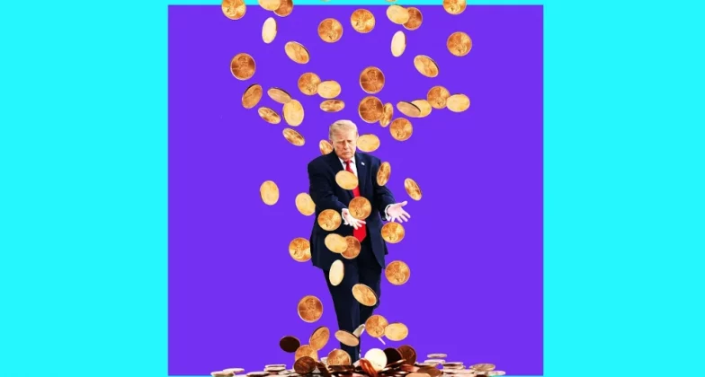 ілюстрація Дональда Трампа та розсипаних золотих монет