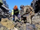 Рятувальники з собакою працюють на місці торгового центру, зруйнованого вчорашнім ударом російського безпілотника в рамках російського вторгнення в Україну, у місті Кривий Ріг, Дніпропетровська область, Україна, 22 серпня 2026 року