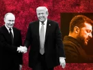 ілюстрація Трампа та Путіна на фоні фото Володимира Зеленського