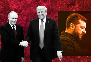 ілюстрація Трампа та Путіна на фоні фото Володимира Зеленського