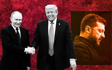 ілюстрація Трампа та Путіна на фоні фото Володимира Зеленського