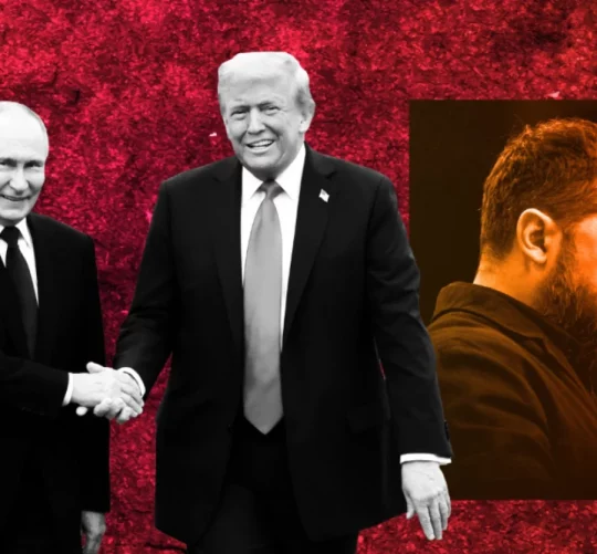 ілюстрація Трампа та Путіна на фоні фото Володимира Зеленського