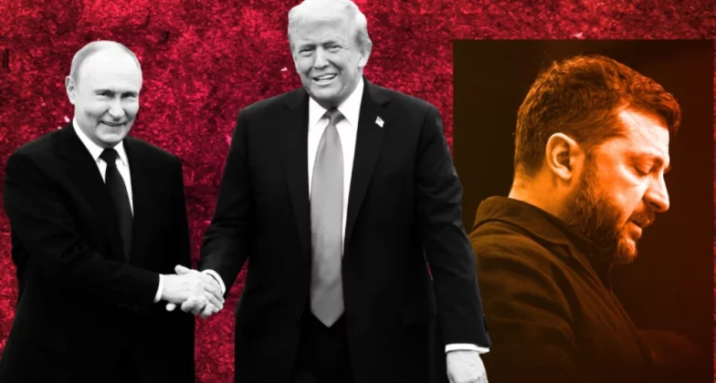 ілюстрація Трампа та Путіна на фоні фото Володимира Зеленського
