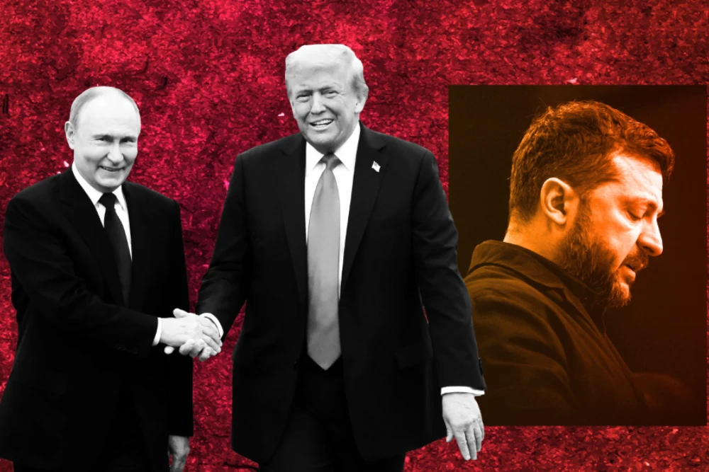 ілюстрація Трампа та Путіна на фоні фото Володимира Зеленського